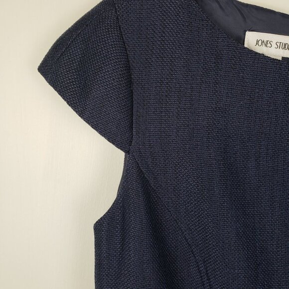 Jones Studio Cap Sleeve Swing Dress Navy Blue Woven Burlap A-Line Retro Size 4 - Picture 5 of 10